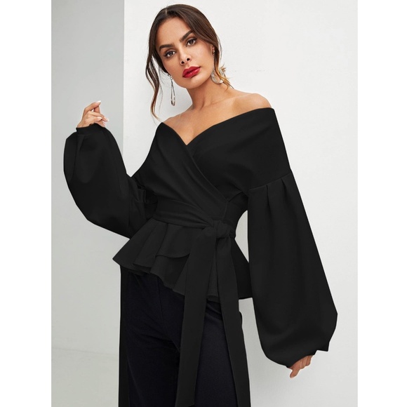 Bishop Sleeve Belt Ties Wrap Peplum Top Black V-Neck - Picture 9 of 13